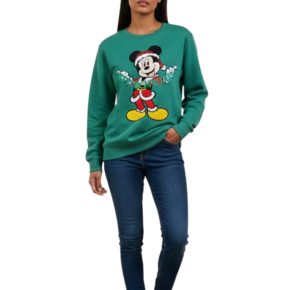 NWT Disney Mickey Mouse felt patc Christmas Sweatshirt Green Holiday Graphic – M